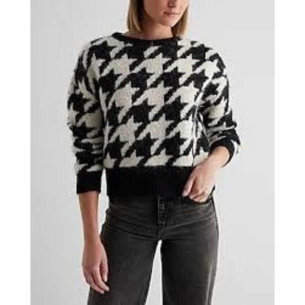 Express Houndstooth Fuzzy Knit Crew Neck Sweater